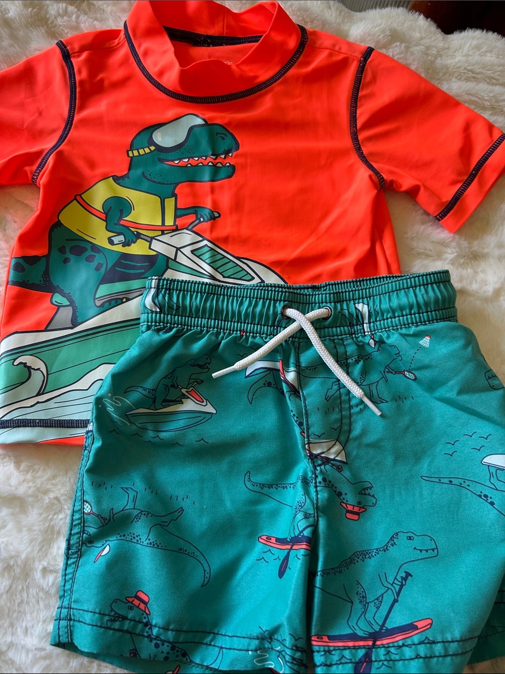 Carter's Orange Rashguard & Teal Dinosaur Swim Trunks